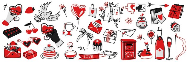 Vector set of items for valentines day in the doodle style black and red linear contour an isolated vector