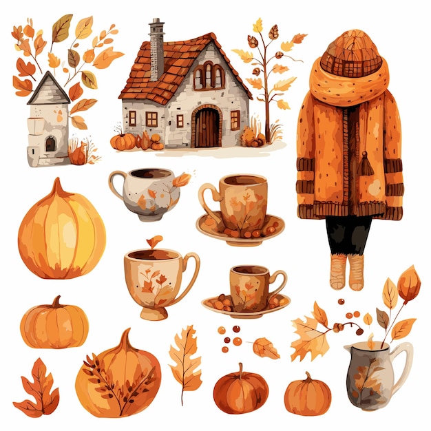 Set items watercolor fall decoration