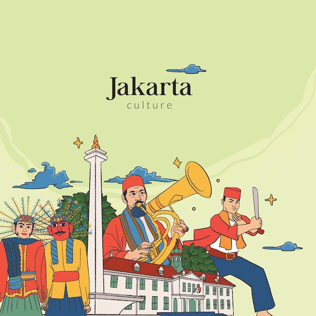 Set Jakarta Illustration. Hand drawn Indonesian cultures background