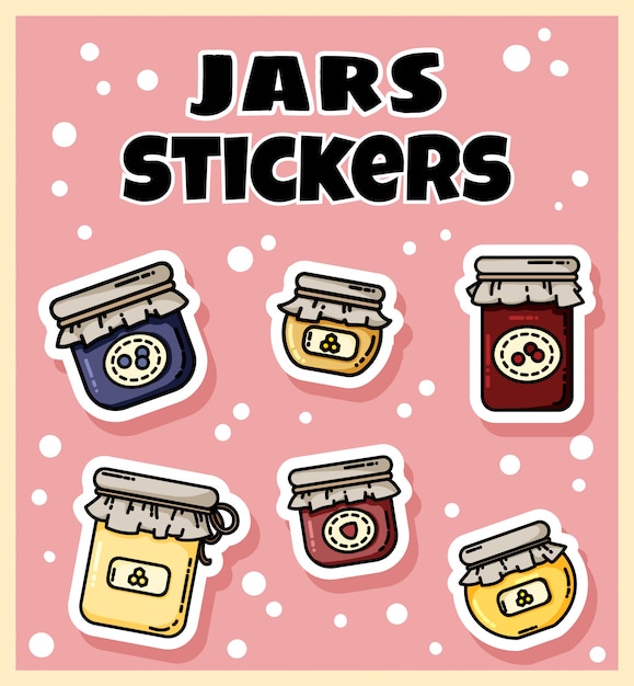 Vector set of jam jars stickers. collection of flat colorful style labels