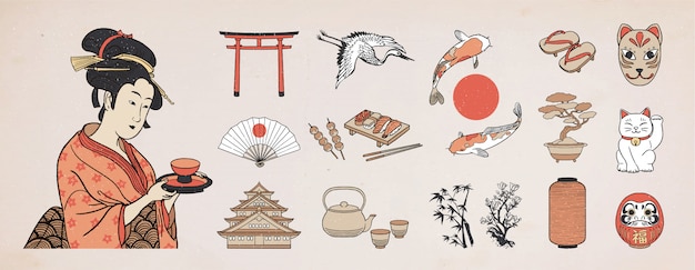 Set of Japanese design elements. Geisha Woman Illustration.