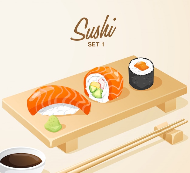 Set of Japanese Food : Mixed Sushi Set on Wooden Plate