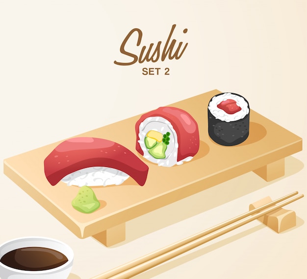 Set of Japanese Food : Mixed Sushi Set on Wooden Plate