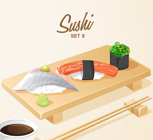 Set of Japanese Food : Mixed Sushi Set on Wooden Plate