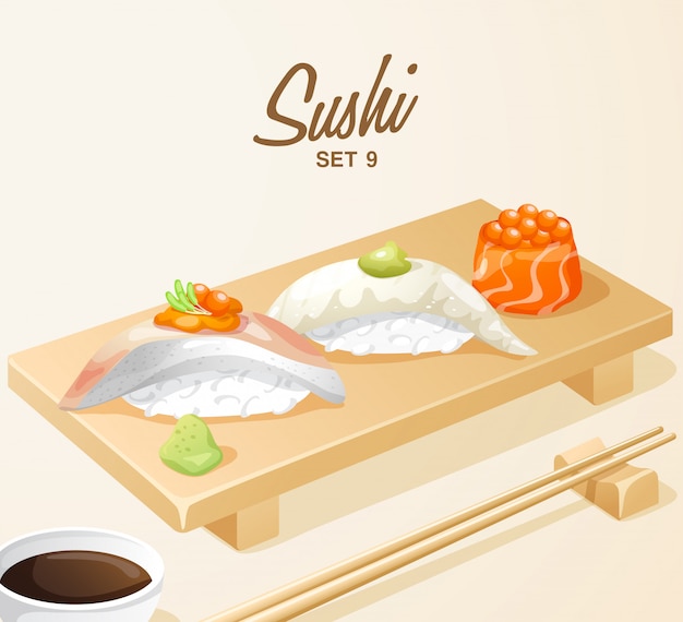 Set of Japanese Food : Mixed Sushi Set on Wooden Plate