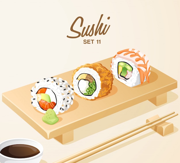 Set of Japanese Food : Mixed Sushi Set on Wooden Plate