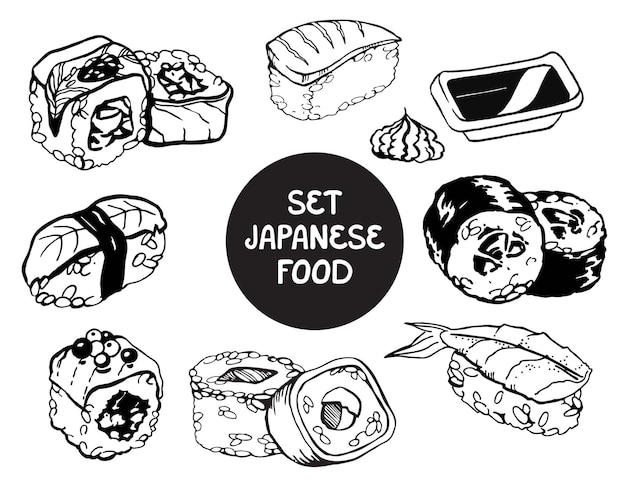 Set of japanese food roll rice fish hand draw line art vector illustration sketch