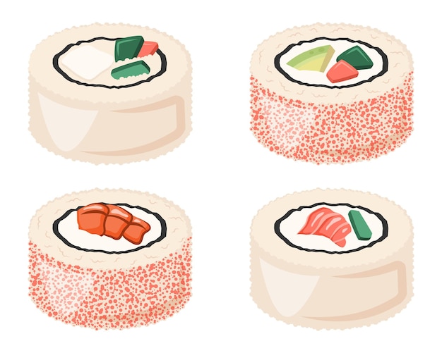 Set of Japanese rolls with seafood vegetables rice Asian dish Different Traditional food closeup Vector