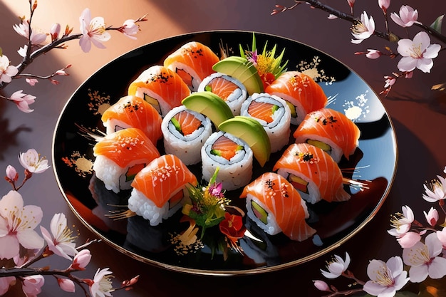 Vector set of japanese sushi on a plate