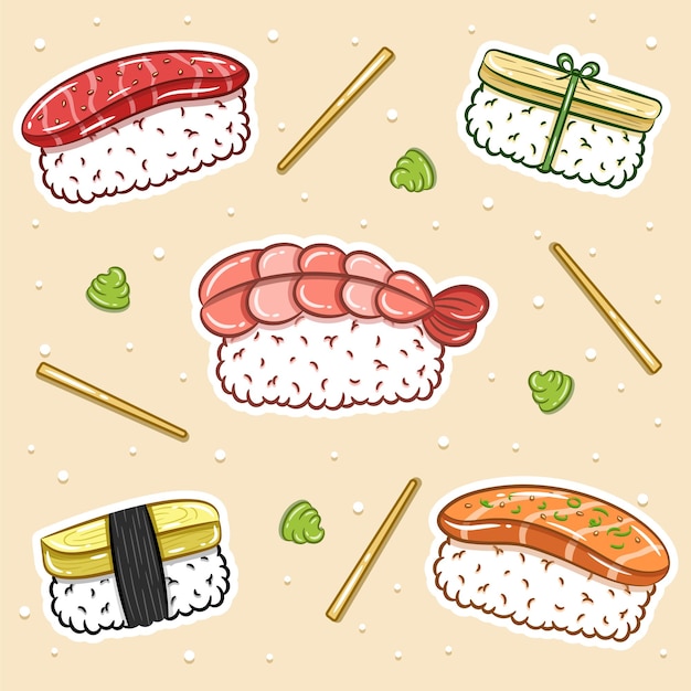 set of Japanese Sushi rice cute drawing