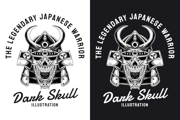 Set Japanese Warrior Skull samurai with armor hand drawn engraving style