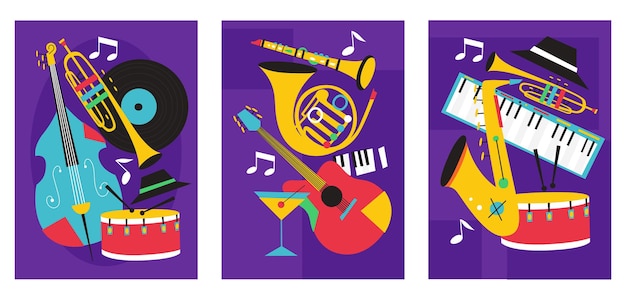 Set of jazz festival posters compositions included saxophone trombone clarinet violin double bass piano trumpet bass drum and banjo guitar