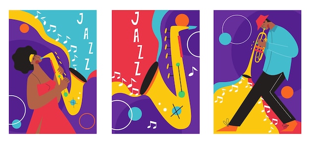 Set of jazz festival posters compositions included saxophone trombone clarinet violin double bass piano trumpet bass drum and banjo guitar