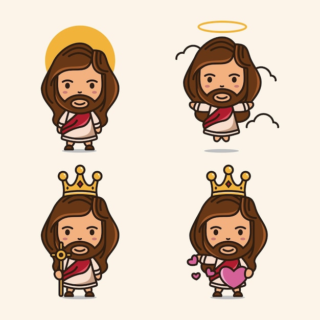 Set of jesus christ in cute cartoon style cute jesus vector illustration