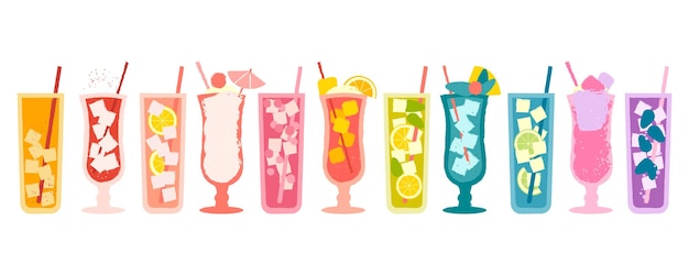 Set juice and milkshakes Vector flat illustration with texture Refreshing drink for bar