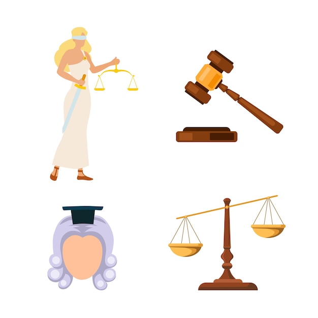 Vector set justice gavel scale judge's wig lady justice icon clipart for website application