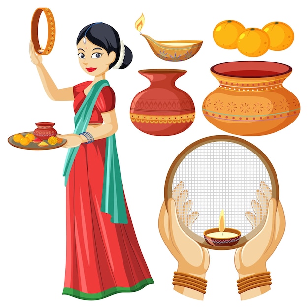 Set of Karva Chauth element cartoon