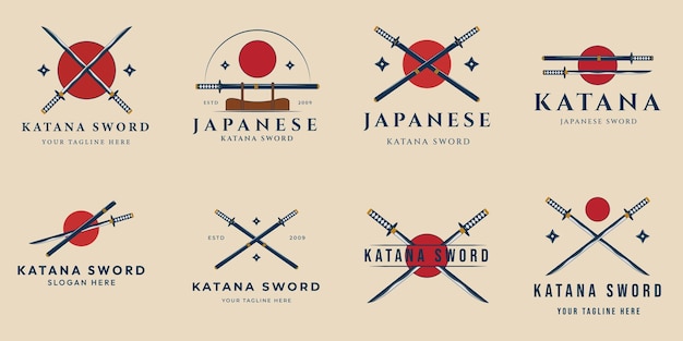 Set katana sword japanese vintage logo vector illustration design