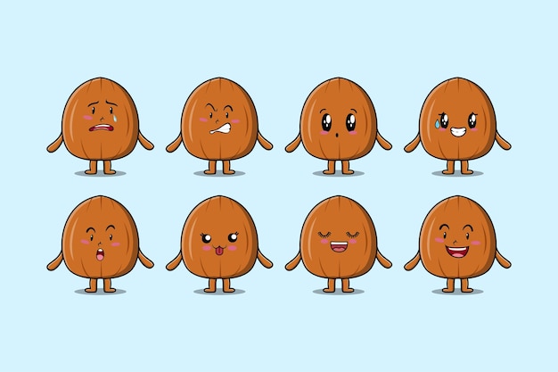 Set kawaii Almond nut cartoon character with different expressions of cartoon vector illustratition