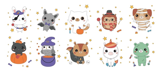 Set of kawaii animals in different Halloween costumes