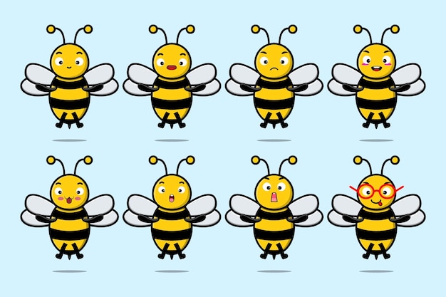 Set kawaii bee cartoon character with different expressions of cartoon face vector illustrations