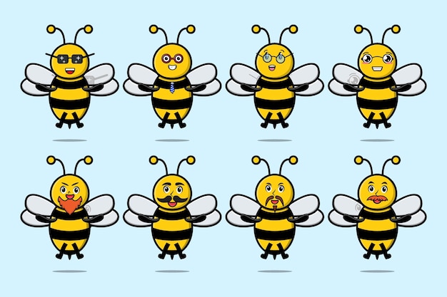 Set kawaii bee cartoon character with different expressions of cartoon face vector illustrations