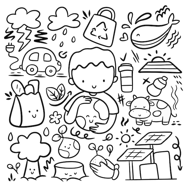 Set of Kawaii Cartoon Ecology Doodle