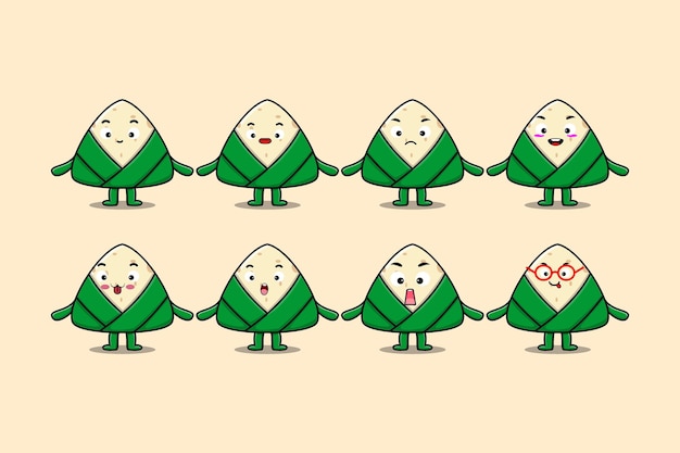 Set kawaii chinese rice dumpling cartoon character with different expressions of cartoon face vector