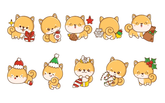 Set of kawaii christmas shiba inu dog collection of vector xmas puppy illustrations for stickers