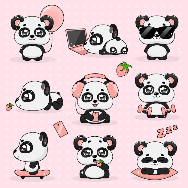 Vector set kawaii crazy small panda, vector illustration.