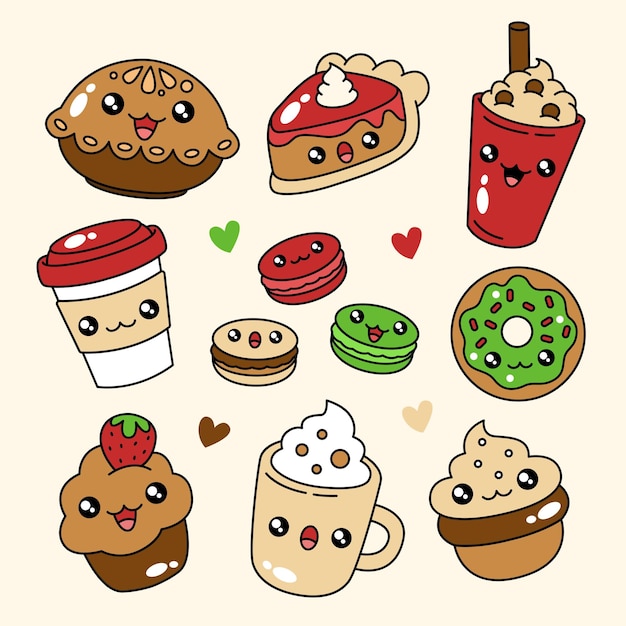 Set kawaii croissant and pastry cute chocolate muffin and baguette expression vector illustration