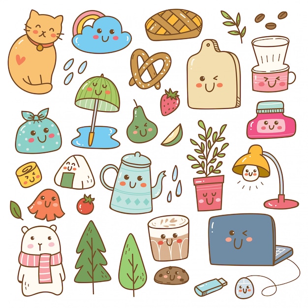 set of kawaii doodles, cute stickers, fashion patches