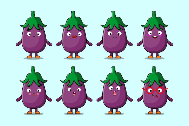 Vector set kawaii eggplant cartoon character with different expressions cartoon face vector illustrations