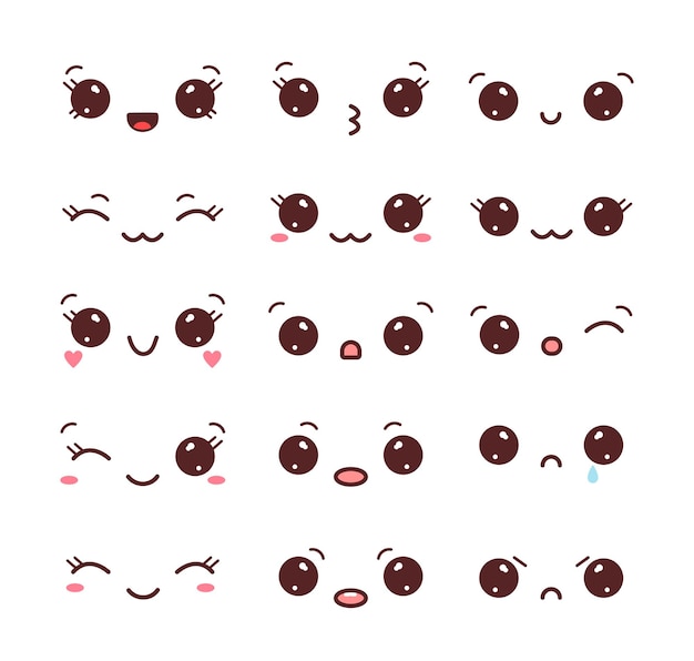 Set of kawaii eyes and mouths with different emotions