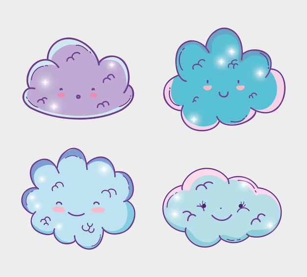 Vector set kawaii fluffy clouds facial expression