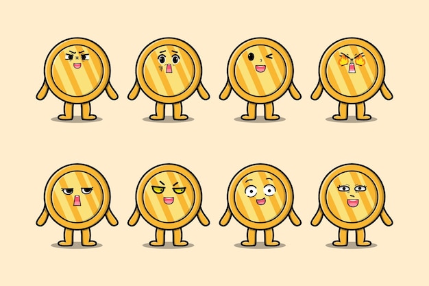 Set kawaii gold coin cartoon different expressions