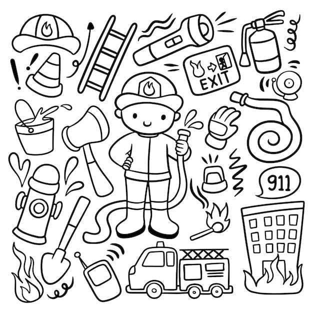 Set of Kawaii Hand Drawn Fire Fighter Doodle Vector Clip Art