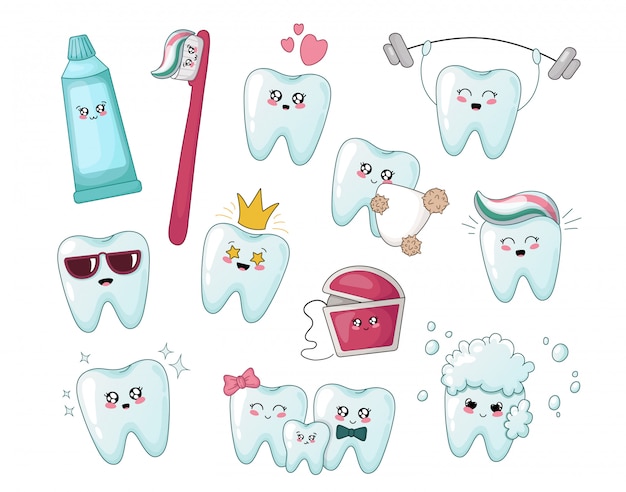 Set of kawaii healthy cartoon teeth, toothpaste