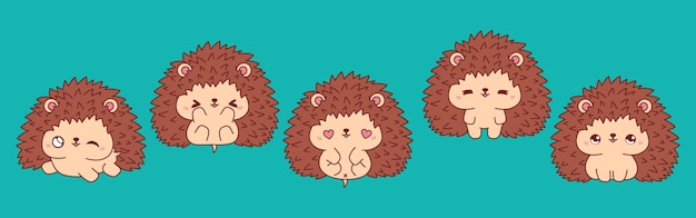 Set of kawaii isolated hedgehog collection of vector cartoon forest animal illustrations