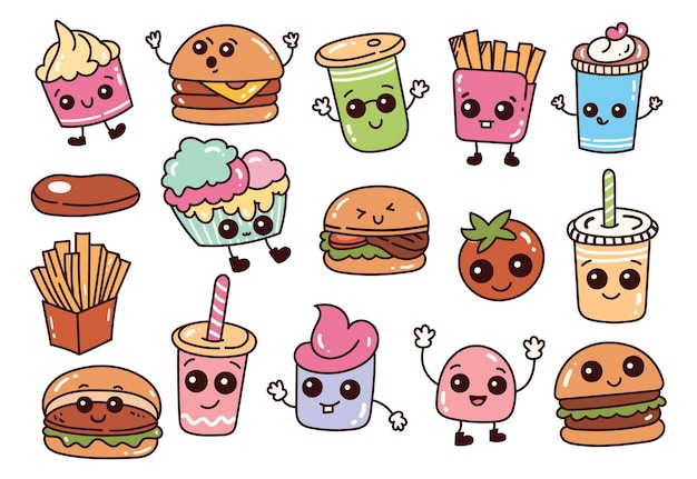 Set of kawaii junk food and drinks in kawaii cartoon style illustration