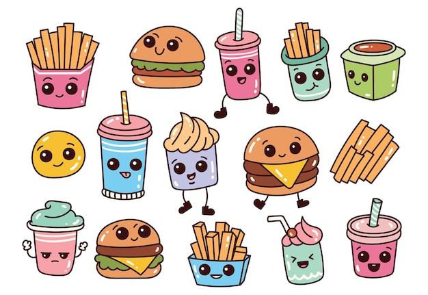 Set of kawaii junk food and drinks in kawaii cartoon style illustration