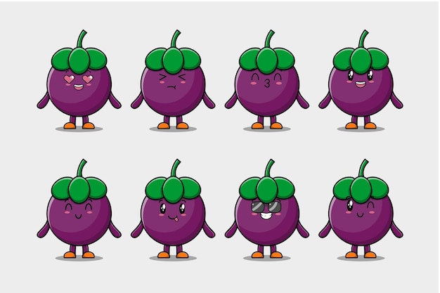 Vector set kawaii mangosteen cartoon with expressions