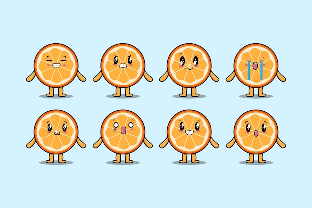 Set kawaii orange fruit cartoon with expressions