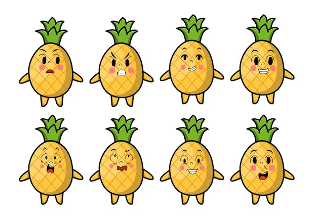 Set kawaii pineapple cartoon different expressions of cartoon face vector illustrations set