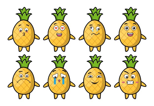 Set kawaii pineapple cartoon different expressions of cartoon face vector illustrations