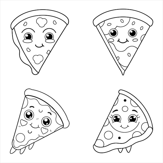 Set of Kawaii Pizza Slice Coloring Pages A Fun Collection of Adorable and Playful Pizza Slice