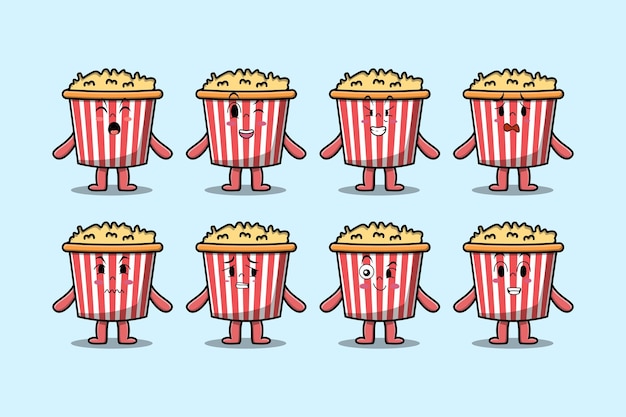 Set kawaii Popcorn cartoon character with different expressions cartoon face vector illustrations