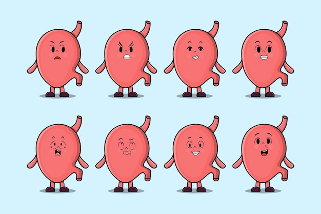 Set kawaii Stomach cartoon character with different expressions cartoon face vector illustrations