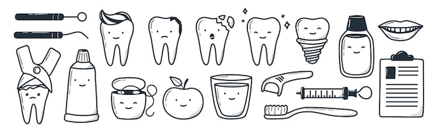 Set of kawaii teeth hand drawn in doodle style cute linear simple illustrations