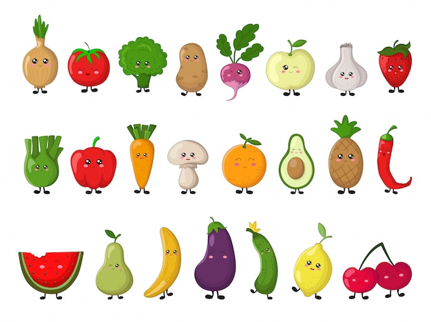 Set of kawaii vegetables and fruits. Isolated elements